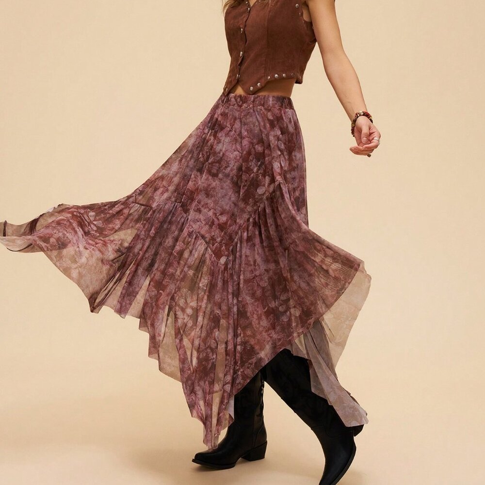 Multicolor Boho Women's Asymmetric Floral Skirt